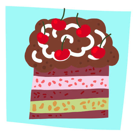 bright and colorful illustration of a cartoon cake with cream and chocolate. drawing in cartoon...