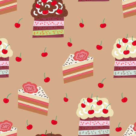 seamless pattern in a delicate beige color scheme with the image of cakes with air chocolate cream.のイラスト素材