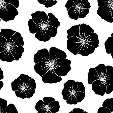 black and white seamless pattern with a stylized cherry blossom. Decor for textiles and Wallpaper.のイラスト素材