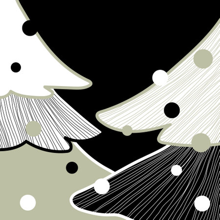 Decorative Christmas illustration with the image of decorated fir trees. Graphic design. Art. A poster or banner.のイラスト素材
