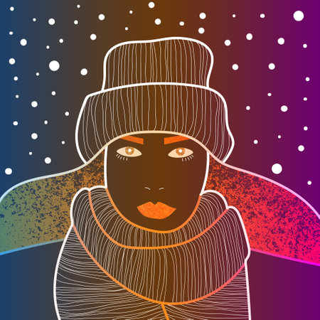 Color illustration of a girl in winter clothes. Stylized graphics using textures. Fashion postcard.のイラスト素材
