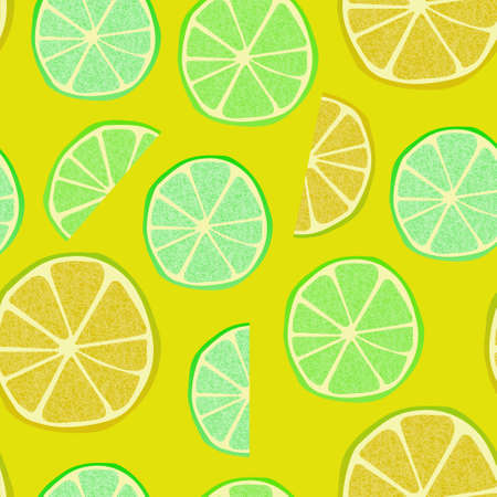 Bright seamless pattern with image of a slice of lemon, lime and orange. For the decoration of...