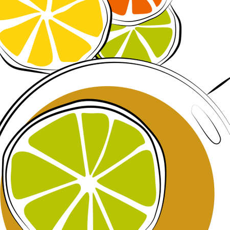 Illustration of a still life with lemons. A cup of tea with lemon. Top viewのイラスト素材