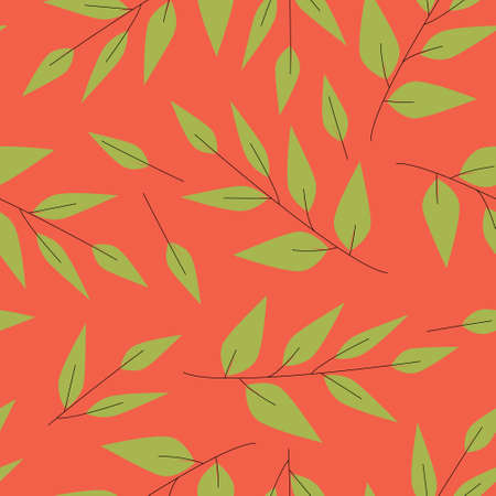 Color seamless pattern with a scattering of twigs with green leaves. Print for textile and wallpaper decoration.のイラスト素材