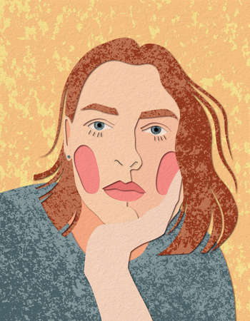 Portrait of a girl in a gray T-shirt. Beauty card.の写真素材