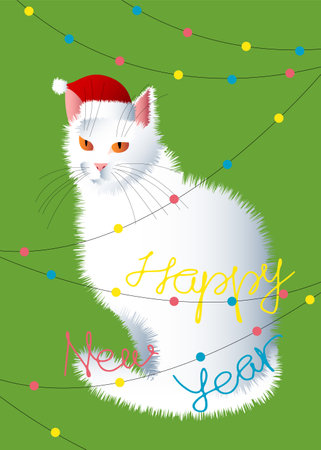 A bright New Year's card with the image of a fluffy white cat in a Santa Claus hat.のイラスト素材