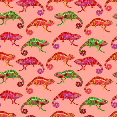 Bright multicolored seamless pattern with the image of a chameleon. Decor for fabric and wallpaper.のイラスト素材