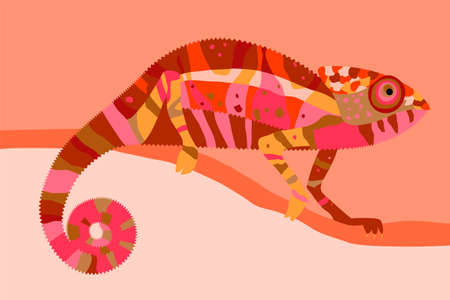 A vivid illustration of a chameleon lizard crawling on a branch.のイラスト素材