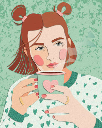 An original postcard with the image of a young pretty girl with a hot cup of coffee in her hands.の写真素材
