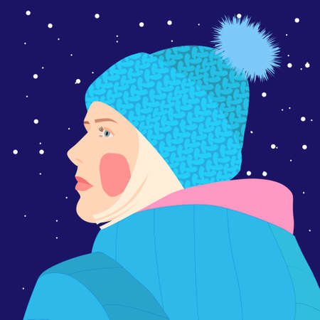 A postcard with the image of a young girl in a warm knitted hat.のイラスト素材