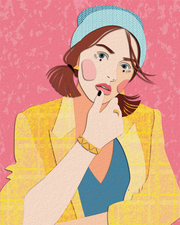 A bright illustration depicting a young girl in a yellow jacket and a knitted hat. Fashion and beauty, fashion posterの写真素材