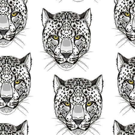 Seamless pattern with the image of the head of a snow leopard in the form of a hand drawing.の写真素材