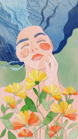 An author's illustration depicting a beautiful girl with blue hair wrapped in orange flowers. Using a watercolor effect.の写真素材