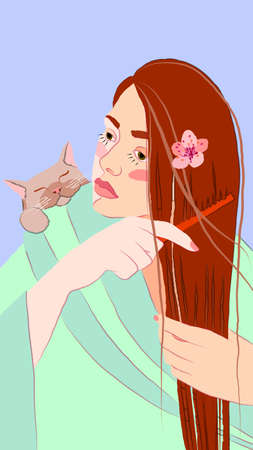 vector illustration of a red-haired girl who combs her hair.のイラスト素材