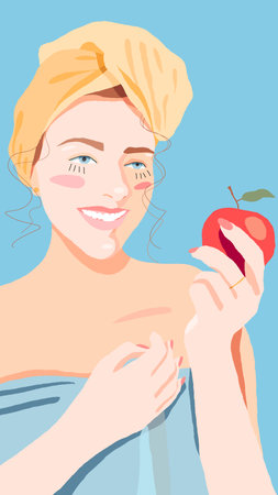 Vector illustration of a young girl in a bath towel with an apple in her handのイラスト素材