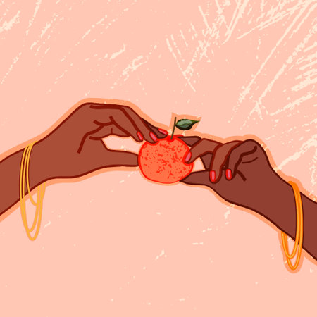 A poster with a picture of hands with dark skin and a bright manicure holding a small orange tangerine with a green leaf.の写真素材