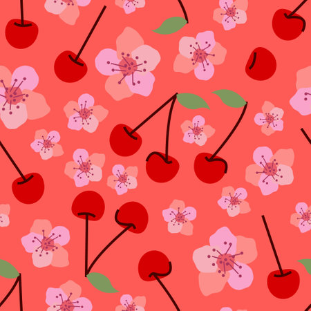 Seamless pattern with the image of cherry blossoms and red cherry berries on a twig with a green...