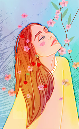 A delicate illustration made in the author's style with the image of a young long-haired girl with closed eyes with sakura flowersの写真素材