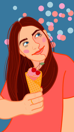 A sweet smiling girl with dark hair and blue eyes holds a crunchy cone with a ball of cherry ice cream in her handのイラスト素材