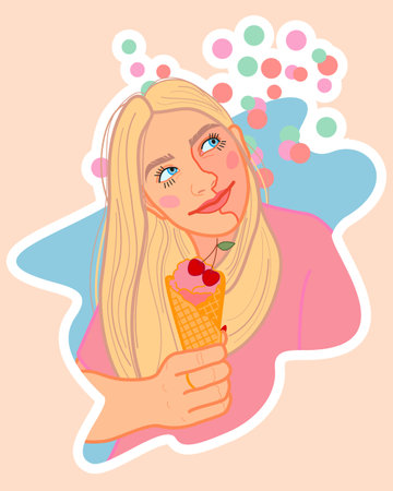 A sweet smiling girl with blonde hair and blue eyes holds a crunchy cone with a ball of cherry ice cream in her handのイラスト素材