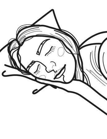 Coloring page with the image of a sleeping young girl on a soft pillow in a comfortable cozy poseのイラスト素材
