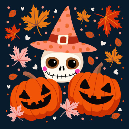 Halloween card with pumpkin, skull and leaves. Vector illustration.のイラスト素材
