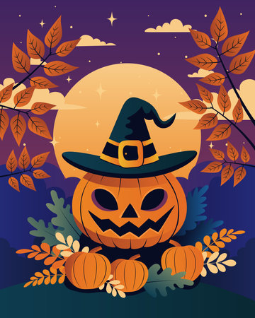 halloween pumpkin with hat witch and leaves in the field vector illustration designのイラスト素材