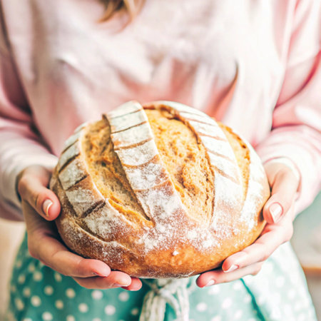 Female hands holding a freshly baked loaf of bread in the kitchen. An image created using AI