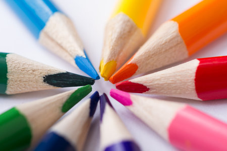 Colour pencils isolated on a white background. Close up.の写真素材