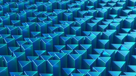 3d rendering of abstract background with blue triangle shapes in rows.
