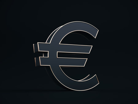 Euro symbol isolated on dark background. 3D rendered illustration. Metallic font.の写真素材