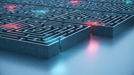 Maze with red light, 3d rendering. Computer digital drawing.の写真素材