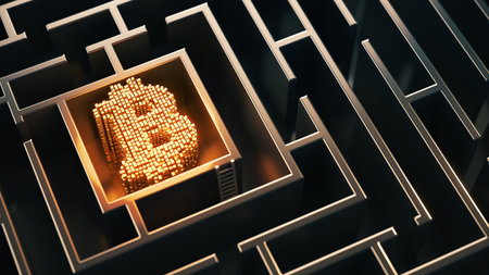 Bitcoin sign in maze. Cryptocurrency concept. 3D rendering