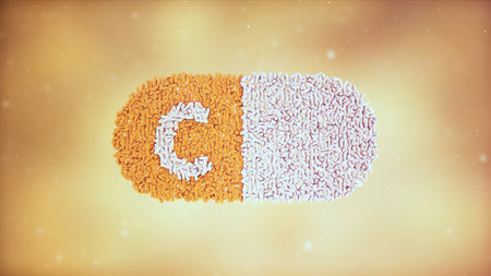 3D rendering of the letter C made of granules on a blurred backgroundの写真素材