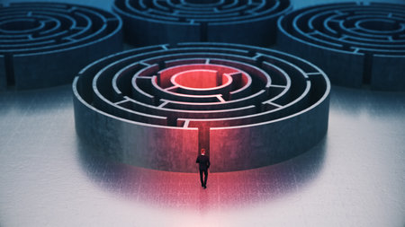 Maze and key in the center of the labyrinth. Conceptual image.