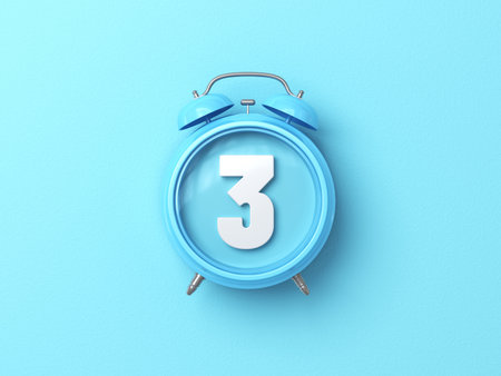 Blue alarm clock with number 3 on blue background. 3D rendering