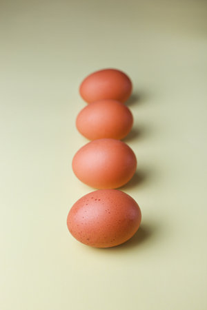 Brown eggs on a light yellow isolated backgroundの写真素材