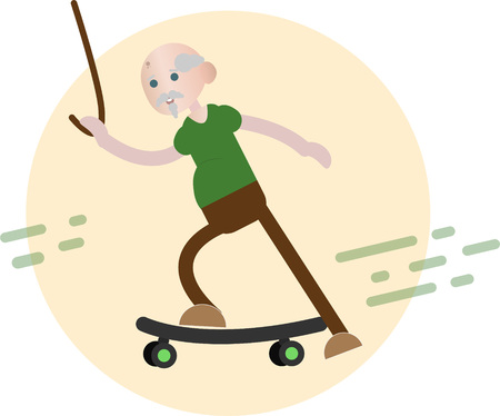 old man riding on a skateboard waving a crutchのイラスト素材