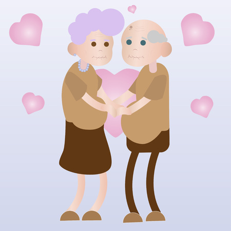 old man and woman holding hands on a background of heartsのイラスト素材