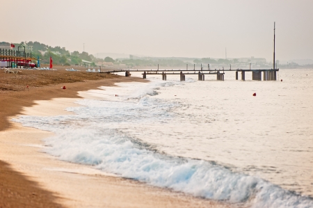 Sandy beach on the Mediterranean Sea at dawn.の写真素材