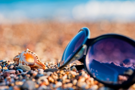 Sunglasses and shells lie on the shingle beach sea