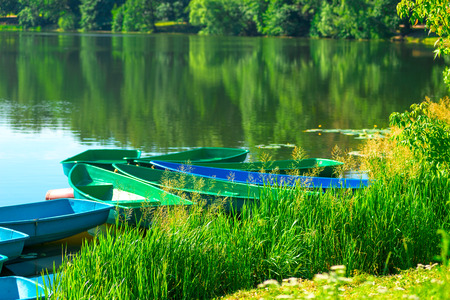 boat station on the lake in the summer parkの写真素材