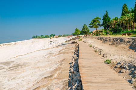 ood flooring to the attraction of Pamukkale and the crowd of touristsの写真素材