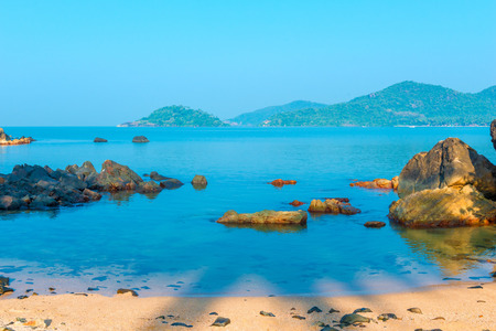 green mountains on the horizon and the blue lagoonの写真素材