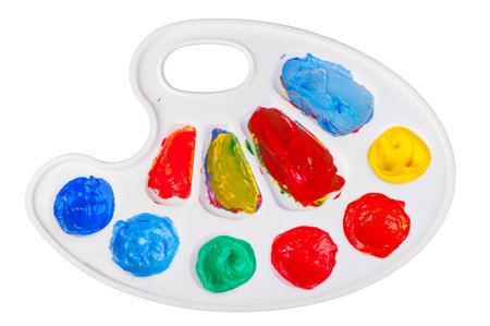 palette with colorful acrylic paints isolatedの写真素材