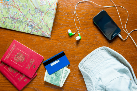 objects prepared for travel view from aboveの写真素材