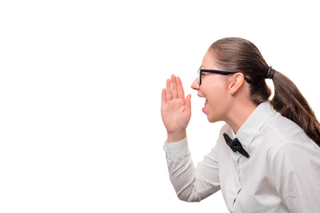 businesswoman screaming on a white background, to the left a place for an inscription