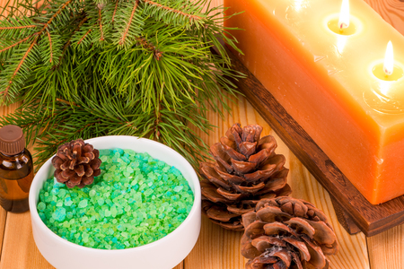 Sea salt with an extract of pine needles and natural essential oil still life close-upの写真素材