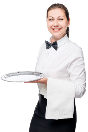 waitress with a tray and a towel posing on white background in studioの写真素材