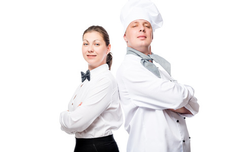 confident waitress and chef on white background portrait in uniformの写真素材
